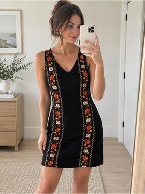 Black Embroidered Floral Midi Dress Boho Mediterranean Vacation Style Resortwear